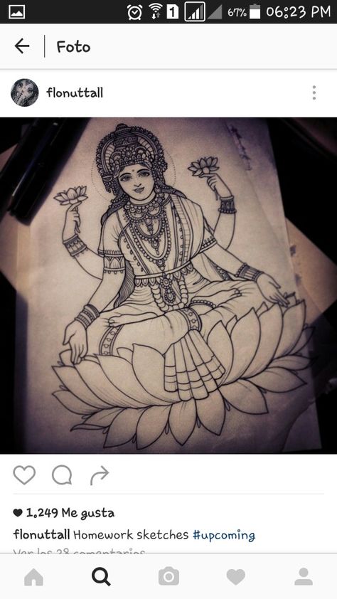 Lakshmi Lakshmi Tattoo Design, Lakshmi Ji Drawing, Lakshmi Devi Images Drawing, Saraswati Tattoo, Lakshmi Tattoo, Laxmi Goddess Mandala Art, Goddess Lakshmi Sketch, Lakshmi Devi Mandala Art, Kali Tattoo