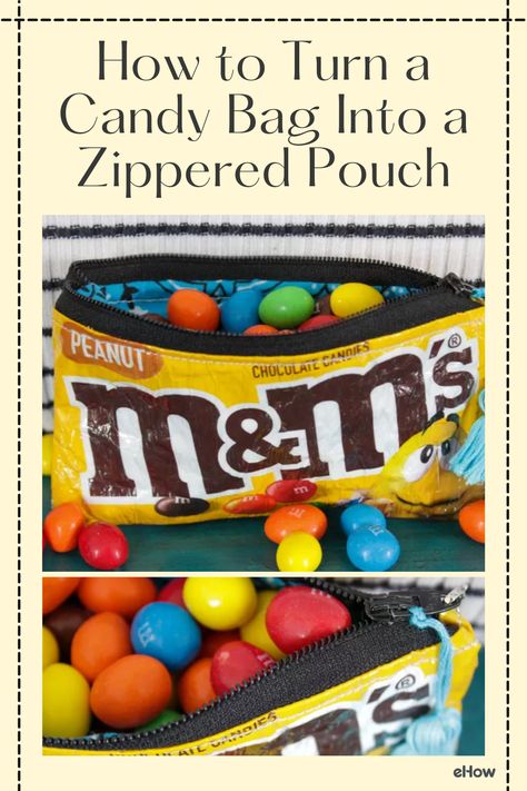 Zipper Pouch From Candy Bags, Candy Bag Pouches, Things To Make With Zippers, Candy Wrapper Zipper Pouch, Candy Pouches Diy, Candy Bag Zipper Pouch, Diy Candy Bags Ideas, Selling Candy Ideas, Candy Wrapper Crafts