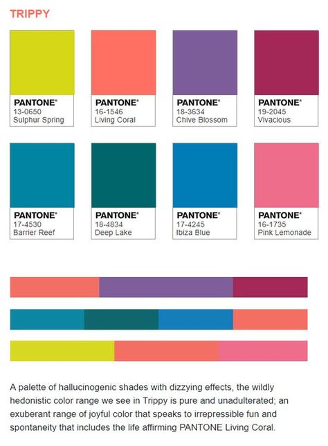 A palette of hallucinogenic shades with dizzying effects, the wildly hedonistic color range we see in Trippy is pure and unadulterated; an exuberant range of joyful color that speaks to irrepressible fun and spontaneity that includes the life affirming PANTONE Living Coral. Color Harmonies, Pantone Color Chart, Porch Colors, Hex Color Palette, Sketch Tattoo Design, Brand Color Palette, Color Palette Design, Color Harmony, Color Inspo