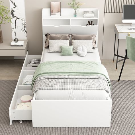 Twin Bed Frame With Drawers, Twin Xl Bed Frame, Mattress Room, Twin Size Mattress, Bed Frame With Drawers, Twin Size Bed, Teen Bedroom Designs, Storage Wood, Twin Bed Frame