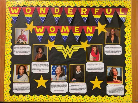 ‘Wonder Woman’ Themed Bulletin board, “Wonderful Women”! This board makes an excellent academic board for all ages during Women’s History Month. Boards such as this one recognize women from different ethnic and cultural backgrounds for their achievements and contributions to society. #bulletinboardideas #reslife #spring #womenshistorymonth #wonderwomen #march #yellow #theme #winter #aesthetic Excellence Bulletin Board Ideas, Womens Month Decorations, Wonder Woman Bulletin Board, Bulletin Board Womens History Month, Women’s History Month Display, Women’s Month Bulletin Board, Women History Month Bulletin Board Ideas, Woman’s History Month Bulletin Board, Women's History Month Library Display