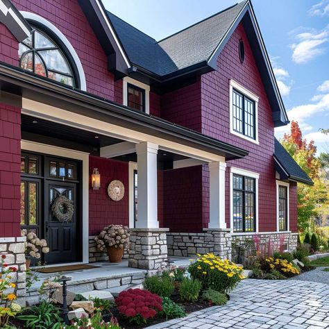 20+ Home Exterior Paint Ideas Combining Bold Maroon with Soft Silver • 333+ Inspiring Lifestyle Ideas Red House With Black Windows, Elegant Home Exterior, Red Exterior House Colors, Home Exterior Paint Ideas, Modern Classic Exterior, Red House Exterior, Exterior Paint Ideas, Dark Grey Houses, Home Exterior Paint