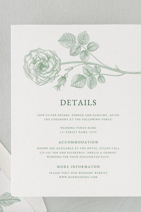 details card template with rose editable in canva Green Garden Wedding, Botanical Rose, Wedding Invitations Printable, Template Green, Wedding Invitations Elegant, Garden Wedding Invitations, Green Wedding Invitations, Sage Green Wedding, Custom Envelopes