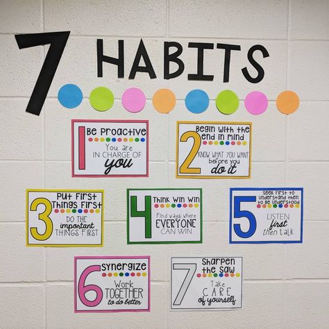 Leader in Me 7 Habits wall display in my neon and black classroom. Thanks to teachingandsoforth for the free template! Check out my instagram post for more information. Leader In Me 7 Habits, 7 Habits Posters, Classroom Economy System, Black Classroom, Bulletin Ideas, Classroom Economy, Notes To Parents, Seven Habits, Classroom Management Tips