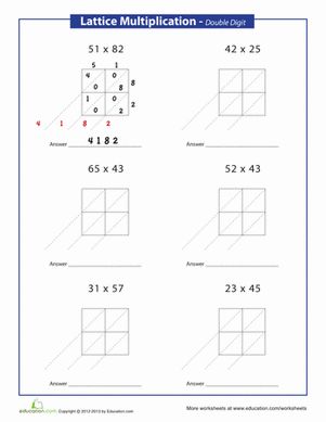 The lattice method for multiplication may be a different way of multiplying than your child is used to, and could help practice multiplying double digits. Lattice Method, Lattice Multiplication, Multiplication Worksheet, Multiplication Strategies, Hand Lettering Worksheet, 3rd Grade Math Worksheets, Maths Ideas, Math Charts, Math Centers Middle School