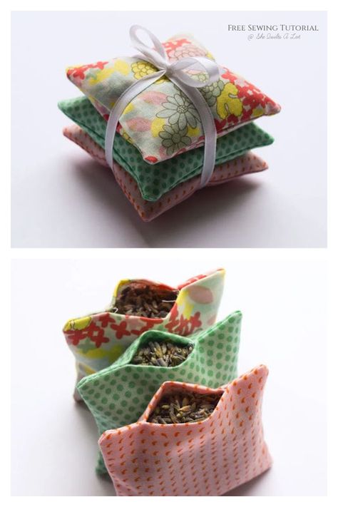 Quick Fabric Scrap Lavender Sachets Free Sewing Tutorial Homemade Drawer Sachets, Sewing Lavender Bags, Heart Sachets Free Pattern, Lavender Bags Ideas Diy, Lavender Bags Ideas, Lavender Sachets Diy, Diy Lavender Bags, Herbal Pillow, Fabric Art Diy