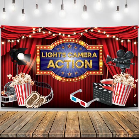 Movie Night Backdrop, Movie Night Banner, Movie Theme Party Decorations, Hollywood Backdrop, Backdrop Lights, Hollywood Party Decorations, Movie Night Decorations, Hollywood Party, Lights Camera Action