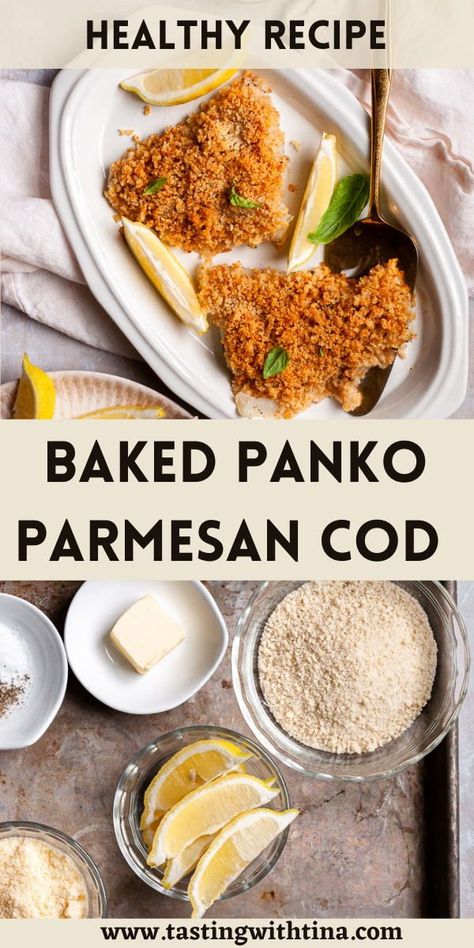 This panko parmesan baked cod is so delicious! With flaky fish, crunchy panko crumbs, and parmesan cheese, this healthy recipe is delicious for the whole family. Parmesan Crusted Cod, Panko Recipes, Parmesan Crusted Fish, Breaded Cod, Crusted Cod, Haddock Recipes, Baked Cod Recipes, Cod Fillets, Cod Fish Recipes