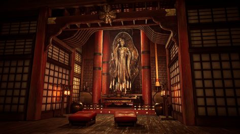 Chinese Temple Interior, Shrine Interior, Pagoda Interior, Temple Interior, Interior Concept Art, Interior Environment, Shrines Art, Japanese Shrine, Chinese Temple