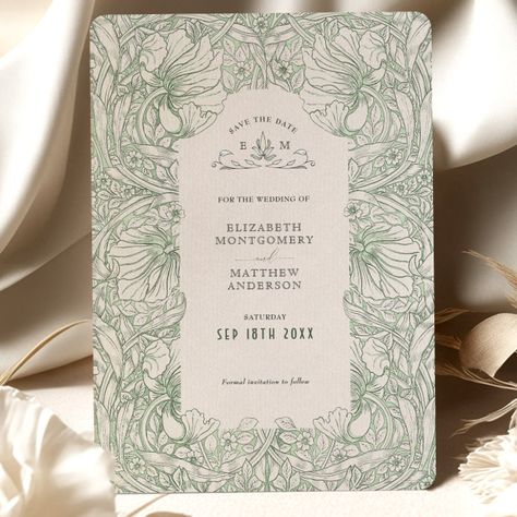 William Morris Wedding, Interaction Of Color, Through The Decades, Sage Wedding, Greenhouse Wedding, Green Wedding Invitations, Foil Invitations, Vintage Wedding Invitations, Bygone Era