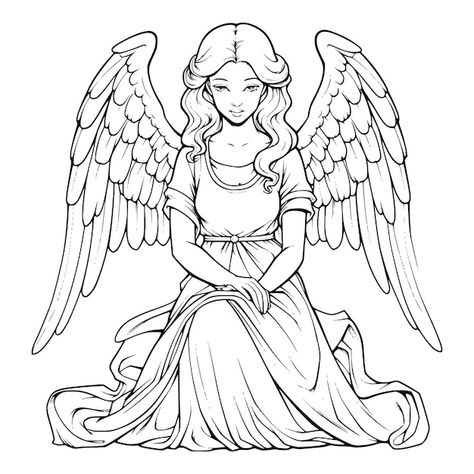 Angel coloring pages for kids | Premium Vector #Freepik #vector #angel-coloring-pages #christmas-angel-coloring-pages #realistic-angel-coloring-pages #cute-angel-coloring-pages Drawing Ideas Angel, Line Art Angel, Realistic Angel, Angel Sketch, Simpson Tv, Angel Coloring Pages, Only Angel, Stitch Coloring Pages, Angel Illustration