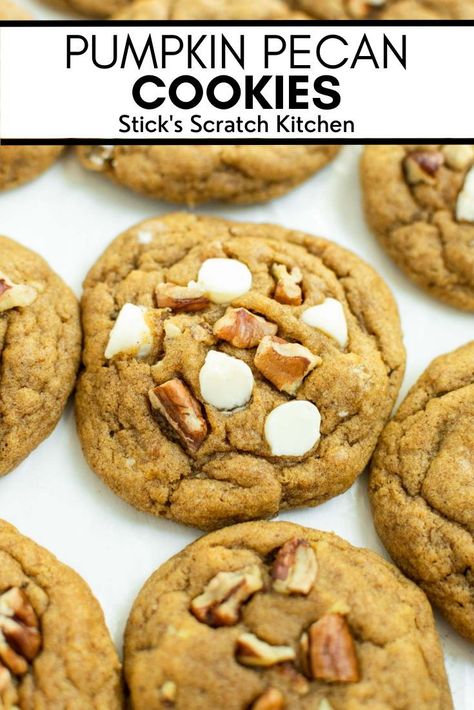 Pumpkin pecan cookies are a delightfully cozy bake loaded with autumn worthy pumpkin flavor and peppered with nutty pecans. These cookies are surprisingly buttery and cinnamon-sweet with a hint of butterscotch. #pumpkincookies #pumpkinpecancookies #pecancookies #cookies #fallbaking #baking #falldesserts #pumpkindesserts #thanksgivingdesserts #holidaycookies #cookierecipes Candies Recipes, Pecan Cookie, Sugar Cookie Recipes, No Bake Cookie, Chocolate Dipped Cookies, Cupcakes Easy, Pumpkin Pecan Pie, The Perfect Cookie, Gooey Cookies