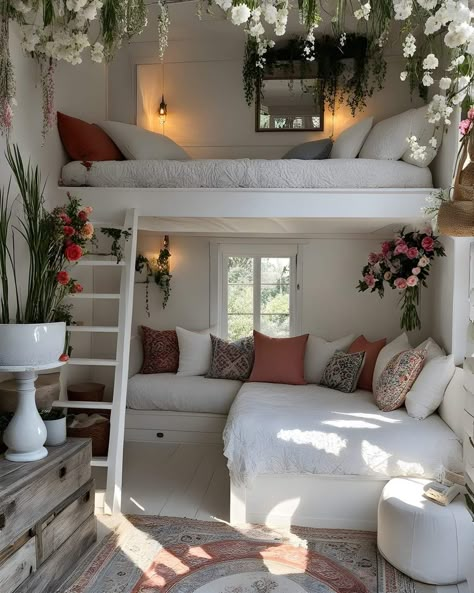 Cottagecore Bedroom With Loft Bed, Loft Bed With Couch Underneath Aesthetic, Bed With Loft Above, Loft Bed Ideas Aesthetic, Room Ideas Cottagecore, Loft Bed With Couch, Bunkbed Ideas, Cute Beds, Korean Interior Design