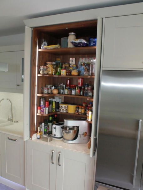 A good sized pantry on this Broadoak Kitchen by Fearon Bros in Newry - for more images click here - http://www.sncollection.co.uk/real-kitchens/real-kitchen-projects/broadoak-painted-fearon-bros2.html Kitchen Larder, Larder Cupboard, Pantry Cupboard, Kitchen Pantry Design, Garage Apartment, Smitten Kitchen, Smart Kitchen, Pantry Design, Pantry Cabinet