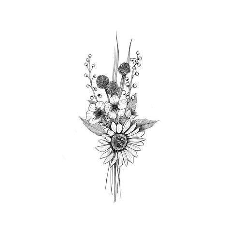 Tiny Bouquet, Bouquet Drawing, Family First Tattoo, Flower Bouquet Drawing, Drawing Floral, Small Flower Arrangements, Bouquet Tattoo, Wildflower Tattoo, Illustration Tattoo