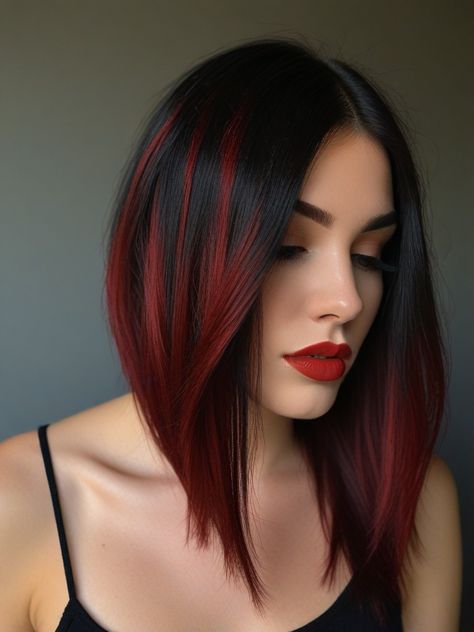 Red And Black Short Hair Ideas, Red Hair With Black Money Piece, Hair Colour For Straight Hair, Black Hair With Red Underneath, Heart Pigtails, Peekaboo Bob, Red Halo Hair, Bob Hair Color, Black Hair Color