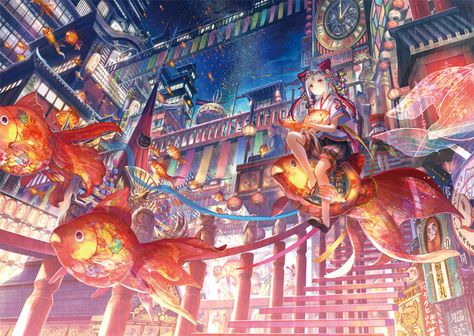 Flow of Goldfish Through a Celestial River | by fuzichoco | Tokyo Otaku Mode β Goldfish Wallpaper, Nightcore Songs, Pixiv Fantasia, Asian Architecture, Tokyo Otaku Mode, Character Wallpaper, 판타지 아트, Anime Artwork, Anime Background