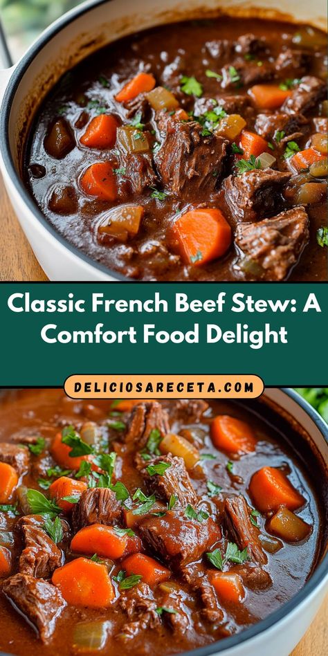 Discover the magic of traditional French cuisine with this Classic French Beef Stew, also known as beef bourguignon. Packed with protein and vitamins from fresh vegetables, this hearty stew is not only delicious but nutritious too. The chuck roast becomes melt-in-your-mouth tender as it simmers slowly, allowing flavors to meld beautifully. Whether you enjoy it alone or share it with loved ones, this comforting dish is perfect for any occasion. Get ready to savor every rich and flavorful spoonful! French Beef Stew Recipe, French Beef Stew, Hearty Stew, Beef Stew Recipe, Hearty Stews, Tender Beef, Stew Recipe, Chuck Roast, Creamy Mashed Potatoes