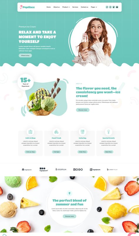 Ice Cream Shop Elementor Template Kit Ice Cream Shop Website Design, Cream Website Design, Ice Cream Website Design, Webpage Design Inspiration, Ice Cream Website, Webpage Design Layout, Elementor Templates, Ads Inspiration, Ux Portfolio