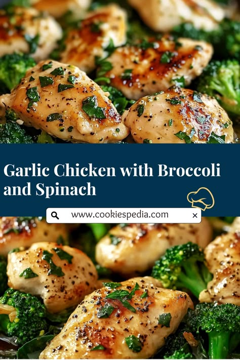 Looking for a crowd-pleasing dish that’s quick to make? Try this easy recipe for Garlic Chicken with Broccoli and Spinach! Packed with flavor and perfect for any party, this one-pan wonder combines tender chicken, fresh greens, and a touch of Parmesan. Simple to cook and sure to impress! 🥦🍗 #EasyRecipe #PartyFood Chicken And Greens Recipes, Grilled Chicken And Broccoli Bowl With Creamy Garlic Sauce, Chicken Broccoli Spinach Recipe, Chicken Recipes For Diabetics Dinners, Arbonne Chicken Recipes, Chicken Broccoli Dishes, Spinach And Broccoli Recipes, Chicken Breast And Broccoli Recipes, Chicken With Spinach Recipes