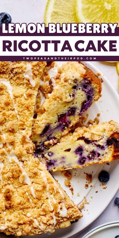 This Lemon Blueberry Ricotta Cake is an easy Easter dessert recipe that's tender, moist, and bursting with blueberries and lemon flavors! This homemade cake is also a great addition to your Spring dessert ideas! Blueberry Ricotta Breakfast Cake, Lemon Blueberry Ricotta Cake, Ricotta Breakfast Cake, Blueberry Ricotta Cake, Lemon Blueberry Ricotta, Ricotta Breakfast, Ricotta Recipes Dessert, Blueberry Ricotta, Ricotta Cake Recipes