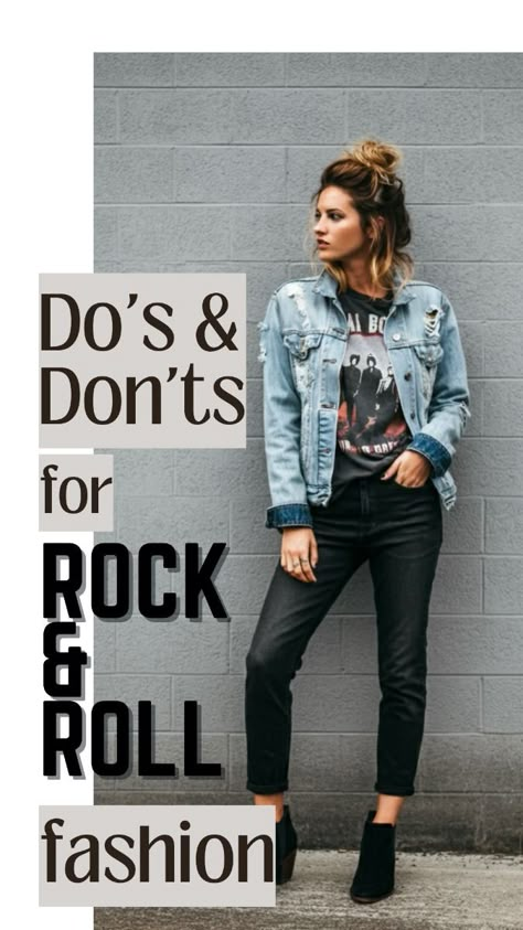 Leather Pants Band Tee Outfit, Women’s Rock And Roll Outfit, Def Leppard Outfit Ideas, Denim Rockstar Outfit, Woman Concert Outfits, Rock N Roll Outfit Ideas, Female Rockstar Costume, Rock Tshirt Outfit Women, Baggy Band Shirt