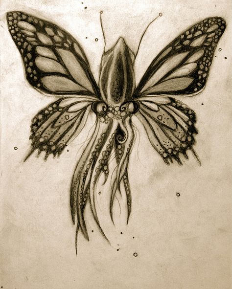 Sharlena Wood butterfly squid Animal Hybrid Drawing, Butterfly Hybrid, Swarm Of Butterflies Drawing, Butterfly Creature, Butterfly Creature Concept Art, Creepy Butterfly Art, Metamorphosis Art, Animal Mashups, Exquisite Corpse