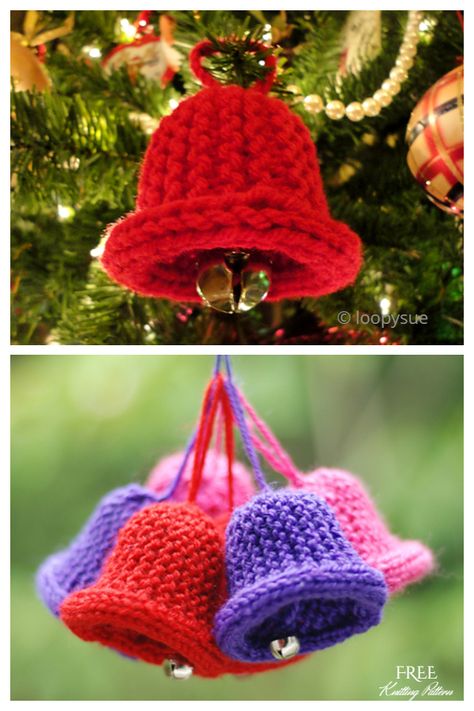 Christmas Bell or Ornament Free Knitting Patterns Christmas Toy Knitting Patterns, Christmas Knitting Projects, Knit Christmas Ornaments, Knitted Christmas Decorations, Xmas Bells, Christmas Knitting Patterns Free, Quick Crochet Projects, Christmas Decorations For Kids, Knitting Patterns Toys