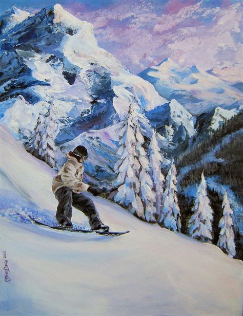 Ski Watercolor, Snowboard Illustration, Ski Painting, Snowboard Art, Ski Art, Painting Canvases, Snowy Mountain, Action Painting, Mountain Paintings