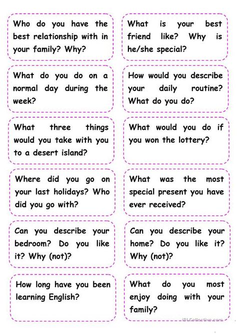 Speaking Cards 2 - General Questions - English ESL Worksheets for distance learning and physical classrooms English Speaking Exercises, English Conversation Learning Worksheets, Speaking Cards For Adults, English Questions For Speaking, Speaking Topics English, Speaking Cards Intermediate, Speaking Cards For Kids, Speaking Cards For Beginners, English Speaking Practice Conversation