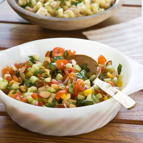 Gazpacho Salad - Relish Gazpacho Salad, Ripe Tomatoes, Chopped Salad, Gazpacho, Sliced Almonds, Diced Tomato, Vegan Paleo, Tomato Salsa, Nutritious Meals