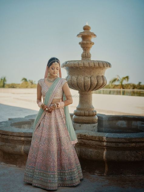 Light Pink Lehenga With Contrast Dupatta, Light Pink Lehenga Color Combos, Pink And Blue Bridal Lehenga, Pastel Multicolor Lehenga, Pink Blue Lehenga, Pink And Blue Lehenga, Blue Lehenga With Pink Dupatta, Lehanga Bridal, Pastel Bridal Lehenga