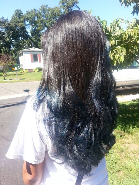 Blue Dip Dye w/ v-cut and layers Dark Brown And Dark Blue Hair, Dip Dye Layered Hair, Brown Hair Dip Dye, Dark Blue Tips Hair, Blue Dip Dye Hair Brunette, Ends Dyed Hair, Blue Dye On Brown Hair, Brown Hair With Blue Tips, Blue Hair Ends