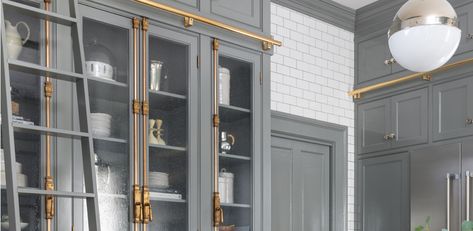 Classic Brass at Chown Hardware Modern Glam Kitchen, Green Kitchen Remodel, Dining Room Storage Cabinet, Cremone Bolt, Glam Kitchen, Cabinet Door Hardware, Kitchen Larder, Hardware Bathroom, Built In Cabinet