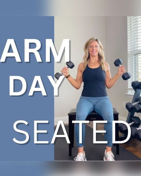 Stacey Roberts | Home Workouts | Fitness for all on Instagram: "Arm Workout - Seated Not only do you get to sit down, but without your lower body involved you will get more bonus core work as you work to stabilize. Let’s go! Exercise Lineup: 1. Pec deck 2. Hinged hammer curl 3. Full timid tricep extension 4. Lateral raise 5. Concentration curl straight raise L&R 6. Single dumbbell press halo 7. Seated row 8. Y press wide tricep extension 8-10 Reps, 2 Sets Try this workout then let me know h Sitting Arm Workout Weights, Sitting Arm Workout, Seated Arm Workout, Arm Workout Women With Weights, Upper Arm Exercises, Pec Deck, Seated Row, Concentration Curls, Arm Workout Women