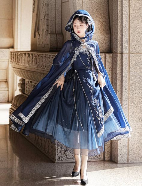 Dreaming of the Milky Way Qi Lolita Jumper Dress and Cape Set Womens Cosplay, Style Kawaii, Jumper Skirt, Hooded Cloak, Sling Dress, Dress Suits, Kawaii Fashion, Cloak, Elegant Dress