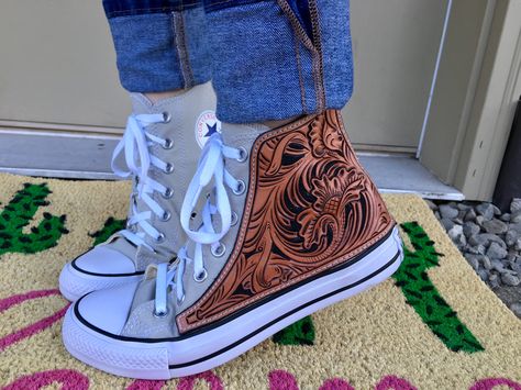 #allstar #Hand #tooled #leather Tooled Leather High Top Converse, Custom Leather Converse, Tooled Converse Shoes, Leather Tooled Converse, Tooled Leather Vans, Leather Tooled Shoes, Tooled Converse, Western Converse, Western Vans