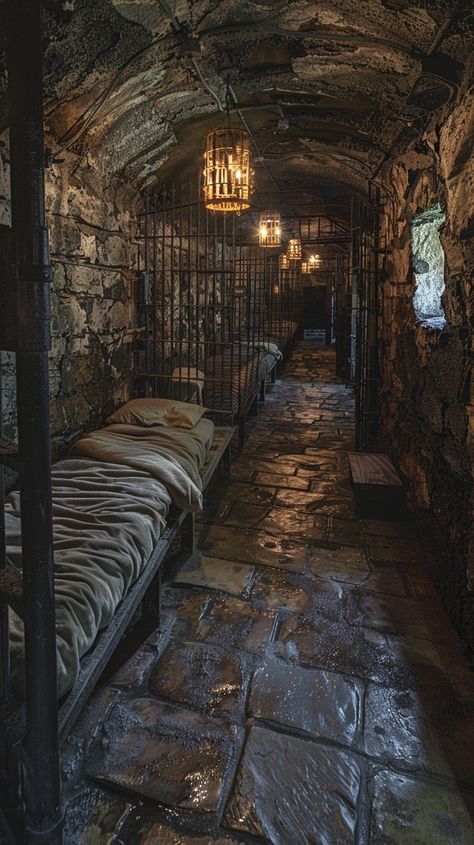 "Ancient Dungeon Cell: An #historical, #ancientdungeon cell featuring a rusty bed, #medieval walls, and a #vintage chandelier. #ancient #dungeon #cell #eerie #stone #aiart #aiphoto #stockcake ⬇️ Download and 📝 Prompt 👉 https://stockcake.com/i/ancient-dungeon-cell_814954_1047544" Secret Dungeon Room, Dungeon Photography, Ancient Castle Interior, Medieval Stone Wall, Fantasy Dungeon Aesthetic, Castle Dungeon Aesthetic, Chandelier Ancient, Dungeon Room Ideas, Scary Dungeon