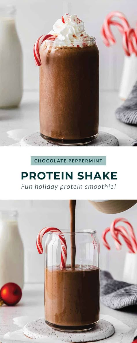 This festive chocolate peppermint protein shake is made with frozen banana, chocolate protein powder, and a little peppermint extract for a yummy holiday treat. Hot Chocolate Protein Shake, Chocolate Protein Powder Smoothie, Frozen Banana Chocolate, Peppermint Protein Shake, Hot Chocolate Protein, Mocha Protein Shake, Christmas Smoothies, Shake Recipes Healthy, Protein Powder Smoothie