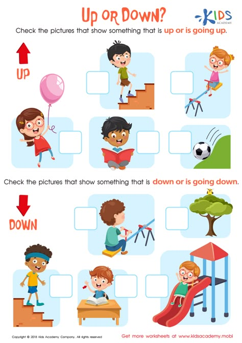 Expand your child’s vocabulary and help him or her to describe where things are located. This helpful worksheet from Kids Academy reviews the prepositions «up», and «down». Up And Down Worksheet For Preschool, Up Down Worksheet Preschool, Up And Down Concept For Preschool, Up And Down Worksheet For Kindergarten, Up And Down Activity, Up And Down Worksheet, Up And Down, Preposition Worksheets Kindergarten, Preposition Worksheets