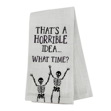 "Find the 22\" Halloween Horrible Idea, What Time? Cotton Tea Towel by Celebrate It® bat Michaels. Add a haunting vibe to your home with this scary tea towel. Pair it with other Halloween-themed kitchen décor to transform your space into a creepy haven. Add a haunting vibe to your home with this scary tea towel. Pair it with other Halloween-themed kitchen décor to transform your space into a creepy haven. Details: Black and white 15\" x 22\" ( 38.1cm x 55.9cm) Cotton For indoor use | 22\" Hallow Themed Kitchen, Kitchen Decor Themes, Halloween Porch, Cotton Tea Towels, Tea Towel, Halloween Themes, Tea Towels, Towels, Bat