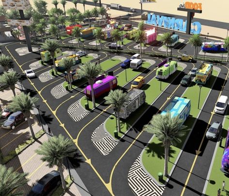 Food Plaza Design Plan, Food Truck Park Ideas, Truck Parking Design, Food Truck Park Design Ideas, Food Park Design Ideas, Food Truck Park Design, Business Park Design, Food Truck Park, Box Park