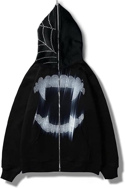 YEOU Women Rhinestone Y2K Spider Skeleton Hoodies Punk Jackets Streetwear Goth Harajuku Oversized Zip Up Hoodie Grunge Sweatshirt, Goth Hoodie, Y2k Rhinestone, Rhinestone Hoodie, Estilo Hipster, Look Grunge, Jacket Streetwear, Letter Print Hoodie, Grunge Look