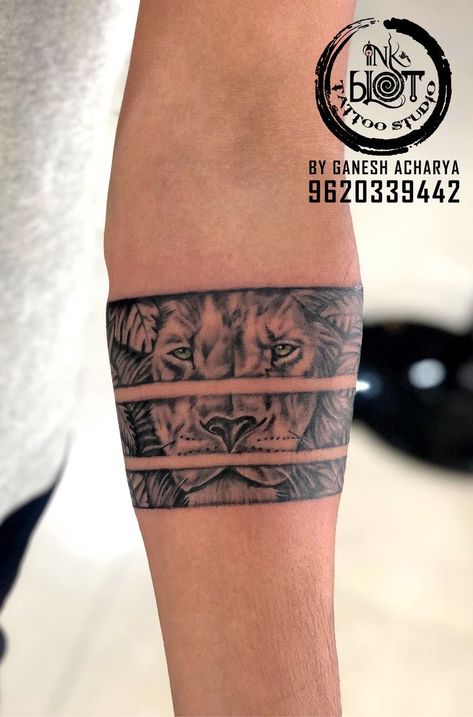 Lion Band Tattoo Design, Band Tattoo Designs For Men, Leg Band Tattoos, Band Tattoos For Men, Tattoo Band, Tatuagem Masculina Pequena, Lion Tattoo Sleeves, On Tattoo, Band Tattoos