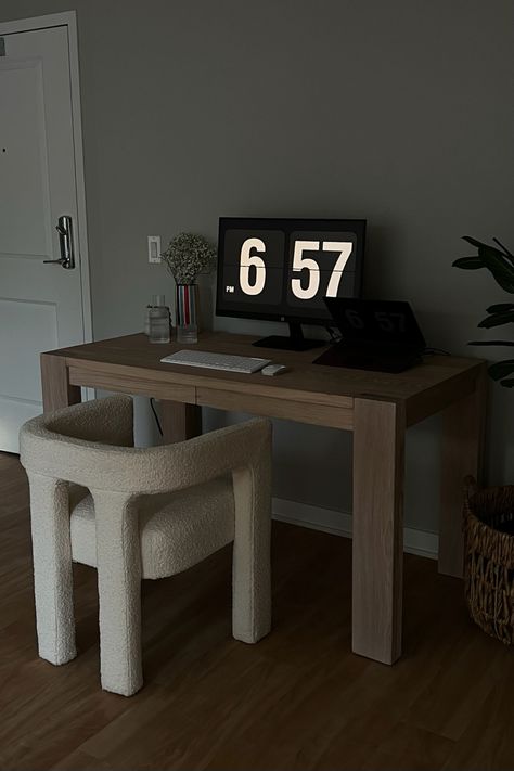 #office #homeoffice #workfromhome #desk #deskdecor #desksetup #crateandbarrel #cb2 #neutraloffice #oakdesk #bouclechair Cb2 Desk, Dark Oak Desk, Wfh Office, John Ross, Kid Desk, Oak Desk, Room Desk, Office Desk Decor, Desk Setup