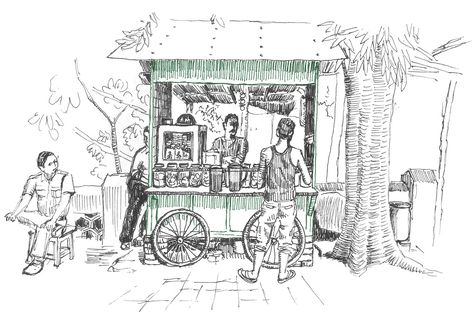 Road Side Tea Stall Drawing, Tea Stall Sketch, Tea Stall Design, Tea Stall Drawing, Stall Drawing, Chai Stall, Tea Stall, Figure Sketches, Composition Drawing