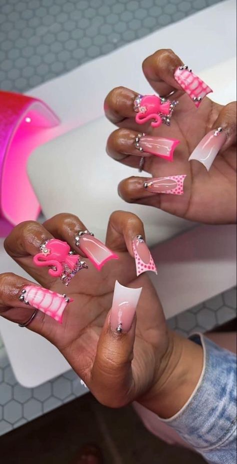 barbie Pink Duck Nails, Pink Duck, Junk Nails, Acrylic Toe Nails, Barbie Inspired, Duck Nails, Drip Nails, Colored Acrylic Nails, Glow Nails