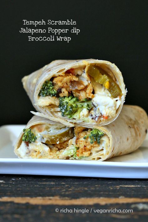 Vegan Richa: Tempeh Scramble, Jalapeno Popper Dip, Broccoli Wraps. Vegan Recipe Tempeh Scramble, Wraps And Sandwiches, Wraps Vegan, Vegan Lunch Box, Jalapeno Dip, Jalapeno Popper Dip, Popper Dip, Lunch Box Bento, Tempeh Recipes