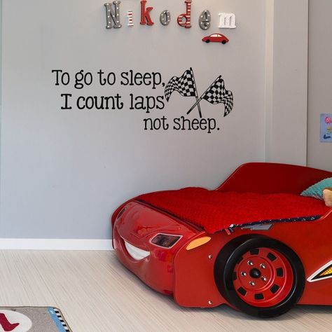 "To Go To Sleep I Count Laps Not Sheep Wall Decal for Nursery, Racing Flags Wall Decal Kids, Boys Room Decor, Race Themed Nursery Decor ¨oo¨¨ooo¨¨oo¨¨ooo¨¨oo¨ MEASUREMENTS AVAILABLE  * 27\" wide by 10\" tall * 38\" wide by 14\" tall  * 49\" wide by 18\" tall  * 60\" wide by 22\" tall If you need a custom size, please send us a convo. Picture does not reflect the sizes listed. Please measure your space to make sure you purchase a size that will look good for you. ¨oo¨¨ooo¨¨oo¨¨ooo¨¨oo¨ FOR COLORS Disney Car Nursery, Disney Cars Bedroom Ideas For Boys, Car Room Ideas For Boys, Race Car Toddler Room, Toddler Car Room, Boys Car Themed Bedroom, Cars Toddler Room, F1 Bedroom Ideas, Boy Themed Nursery