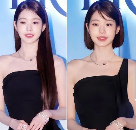 Long hair vs short hair Jang Wonyoung Ive Wonyoung Side Part, Short Hair Kpop Idol, Wonyoung Long Hair, Wonyoung Straight Hair, Jennie Long Hair, Wonyoung Hair Color, Hair Cuts Side Part, Wonyoung With Bangs, Wonyoung Short Hair